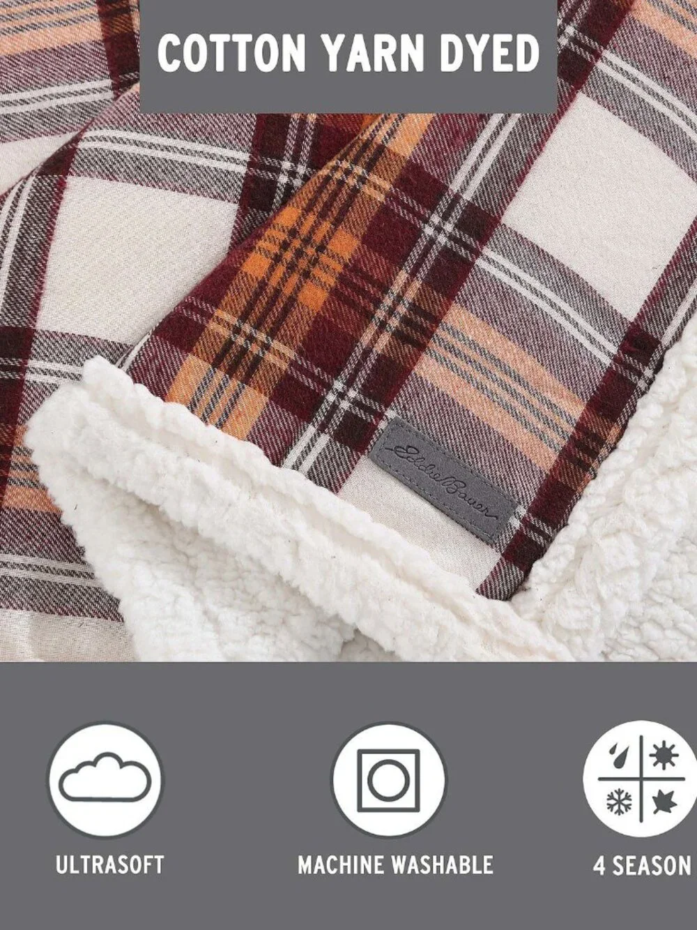 NWT Eddie Bauer Edgewood Plaid, Red, Sherpa Backed Throw, 50